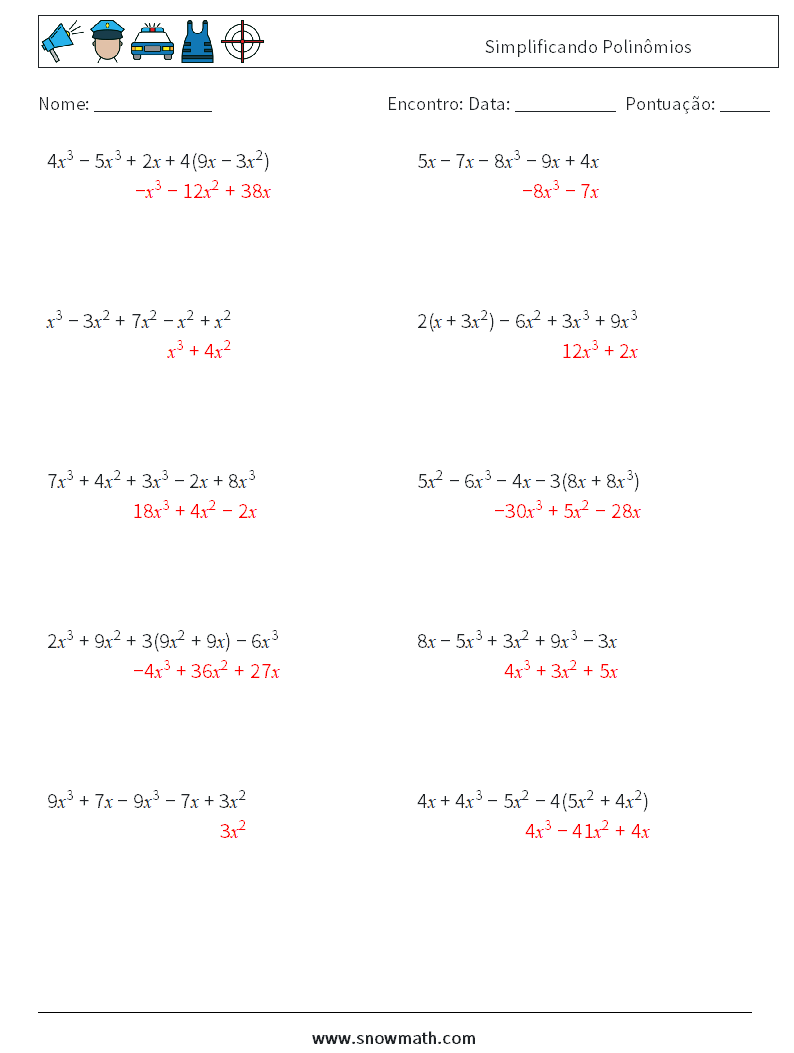 Simplificando Polinômios planilhas matemáticas 3 Pergunta, Resposta