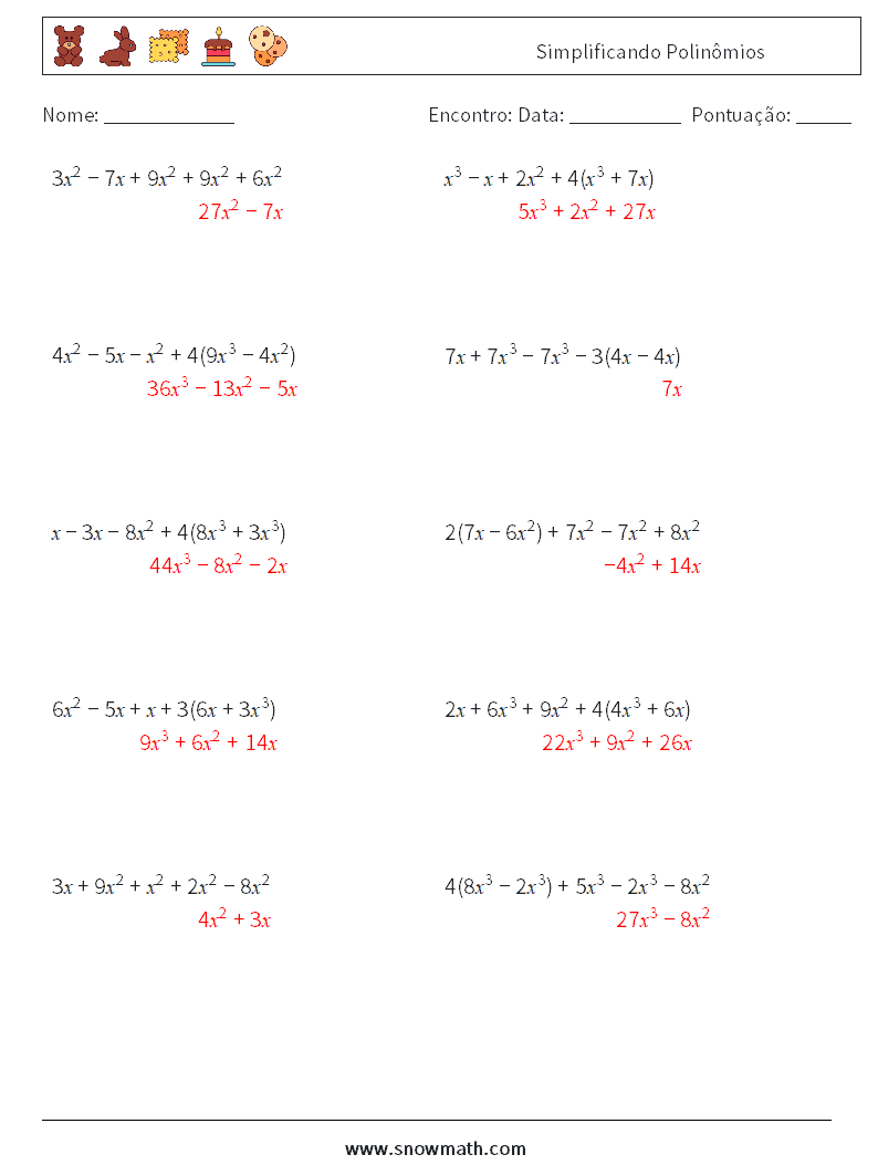 Simplificando Polinômios planilhas matemáticas 4 Pergunta, Resposta