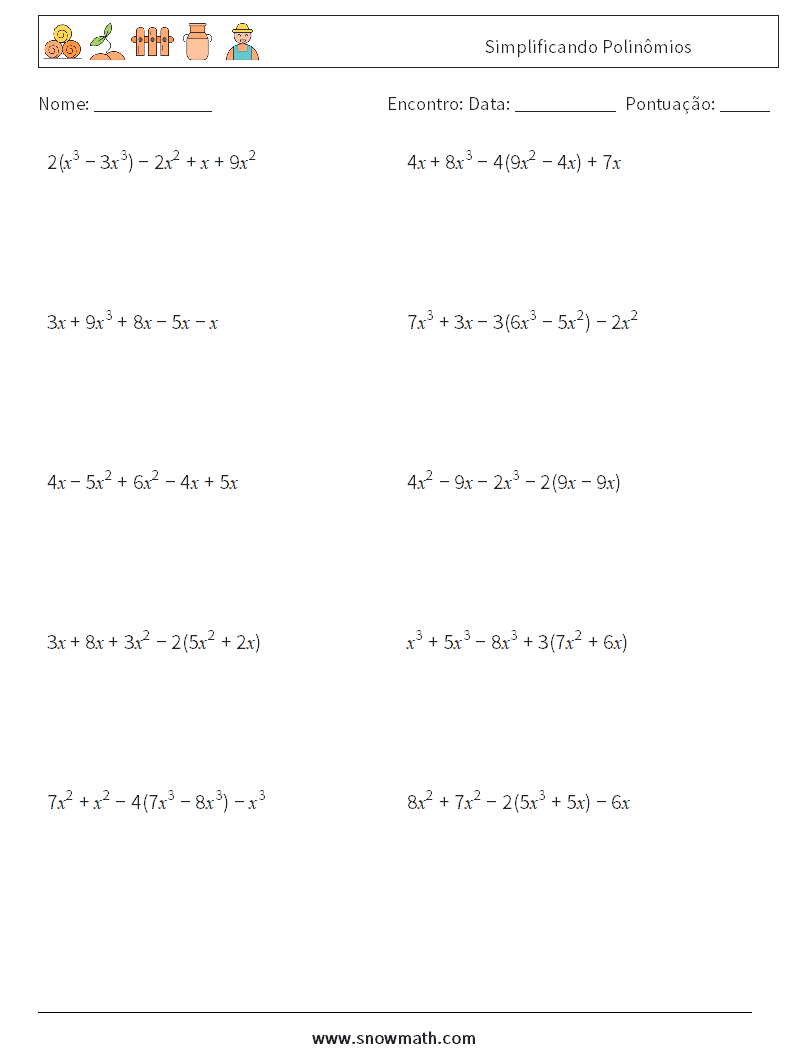 Simplificando Polinômios planilhas matemáticas 5