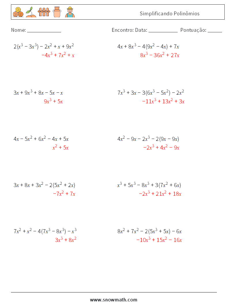 Simplificando Polinômios planilhas matemáticas 5 Pergunta, Resposta