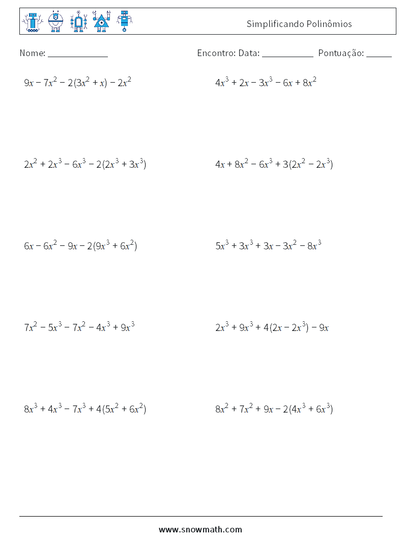 Simplificando Polinômios planilhas matemáticas 6