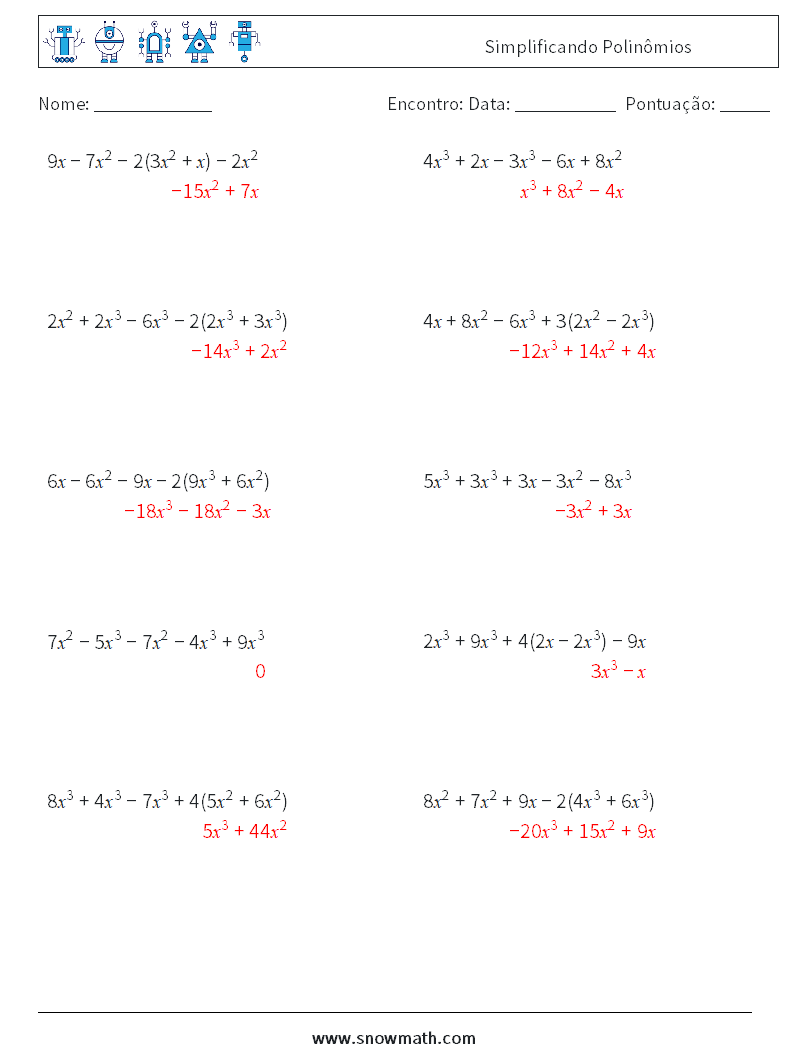 Simplificando Polinômios planilhas matemáticas 6 Pergunta, Resposta