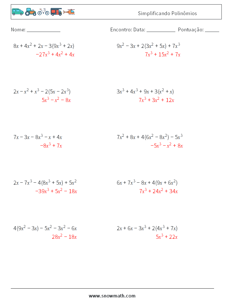 Simplificando Polinômios planilhas matemáticas 8 Pergunta, Resposta