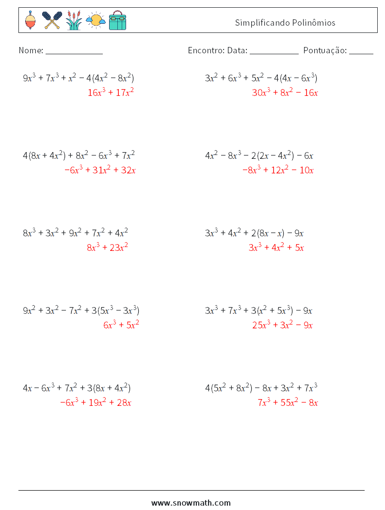 Simplificando Polinômios planilhas matemáticas 9 Pergunta, Resposta