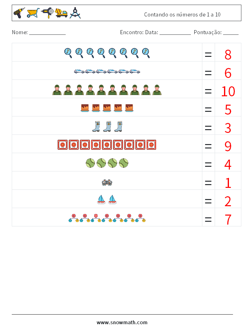 Contando os números de 1 a 10 planilhas matemáticas 15 Pergunta, Resposta