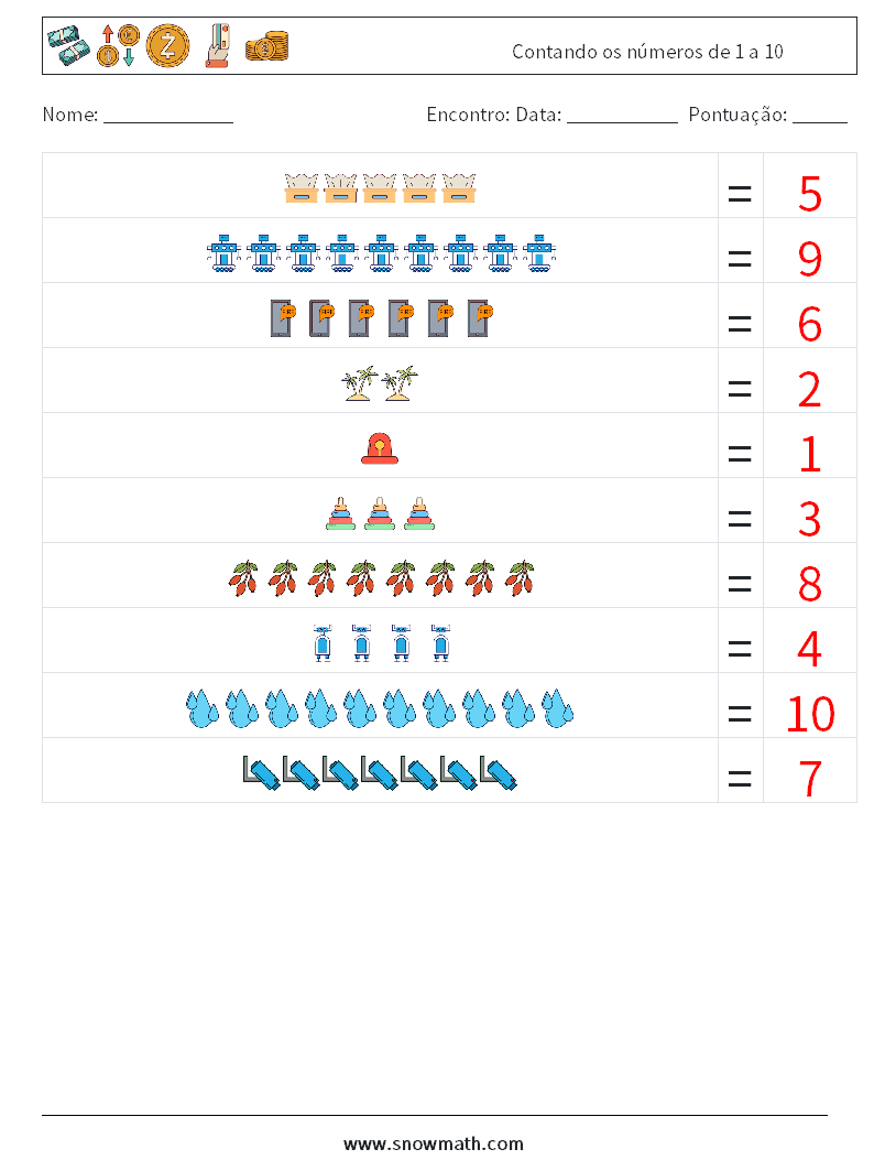 Contando os números de 1 a 10 planilhas matemáticas 17 Pergunta, Resposta