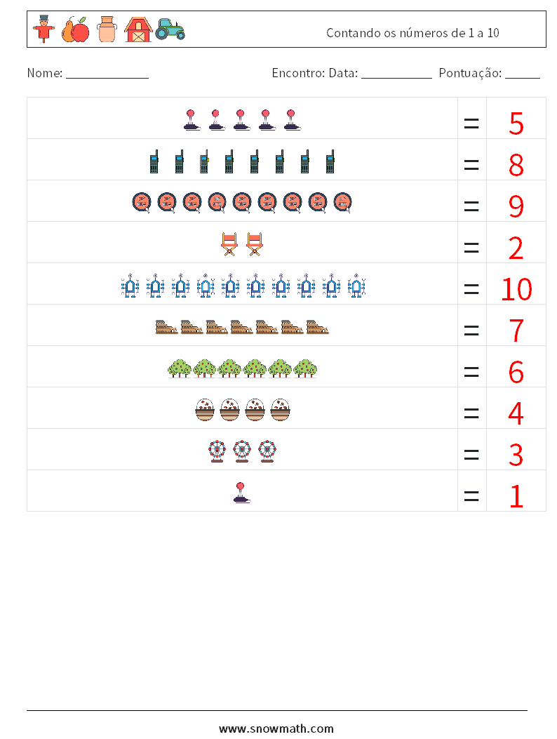Contando os números de 1 a 10 planilhas matemáticas 18 Pergunta, Resposta
