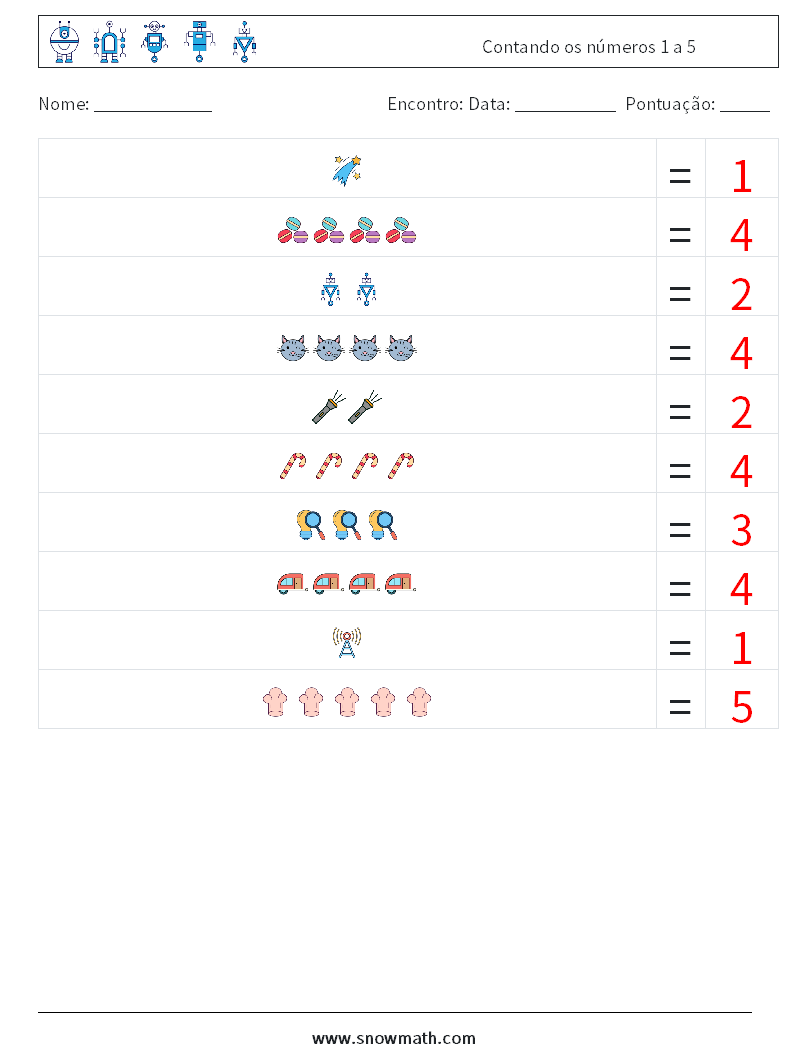 Contando os números 1 a 5 planilhas matemáticas 10 Pergunta, Resposta