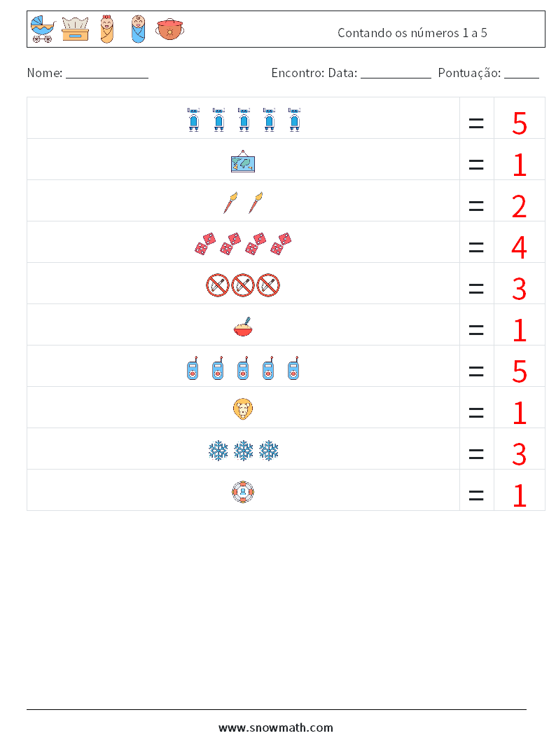 Contando os números 1 a 5 planilhas matemáticas 12 Pergunta, Resposta