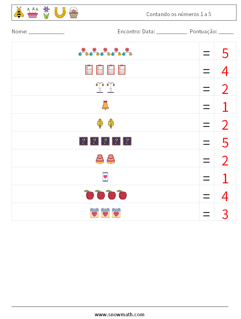 Contando os números 1 a 5 planilhas matemáticas 13 Pergunta, Resposta