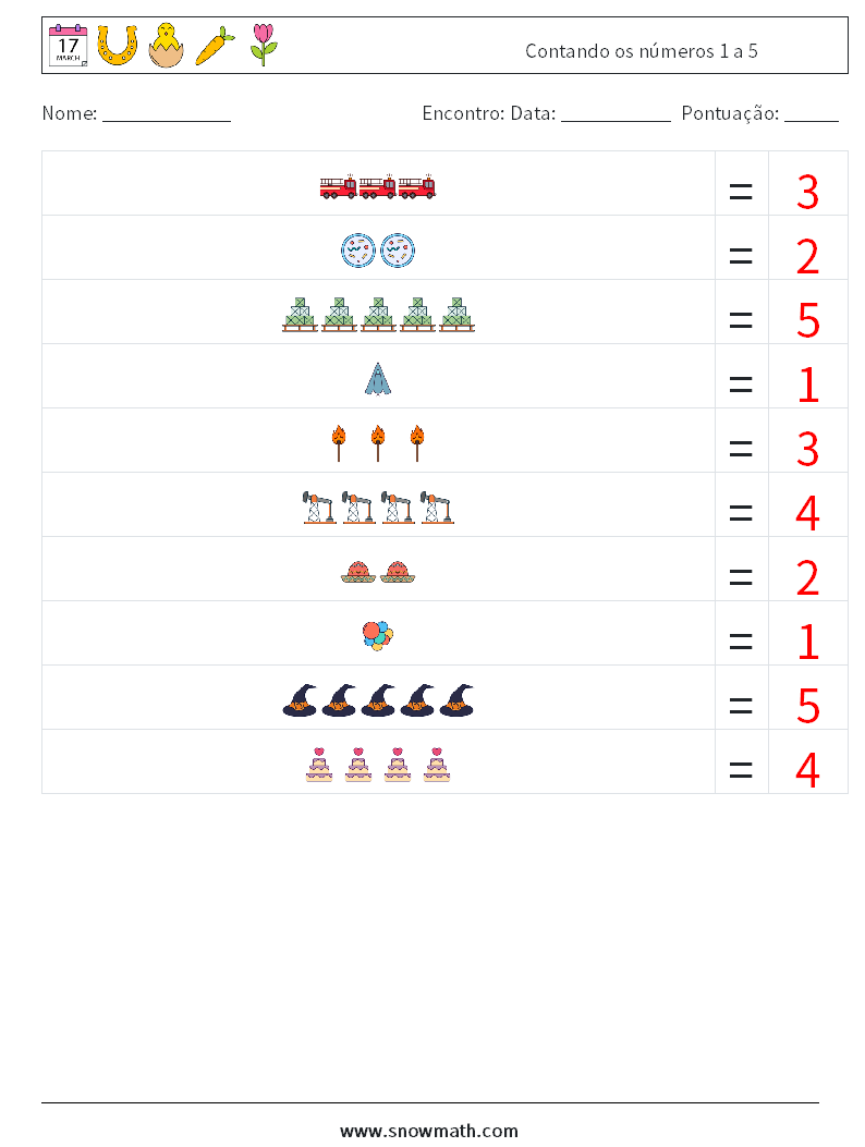 Contando os números 1 a 5 planilhas matemáticas 14 Pergunta, Resposta