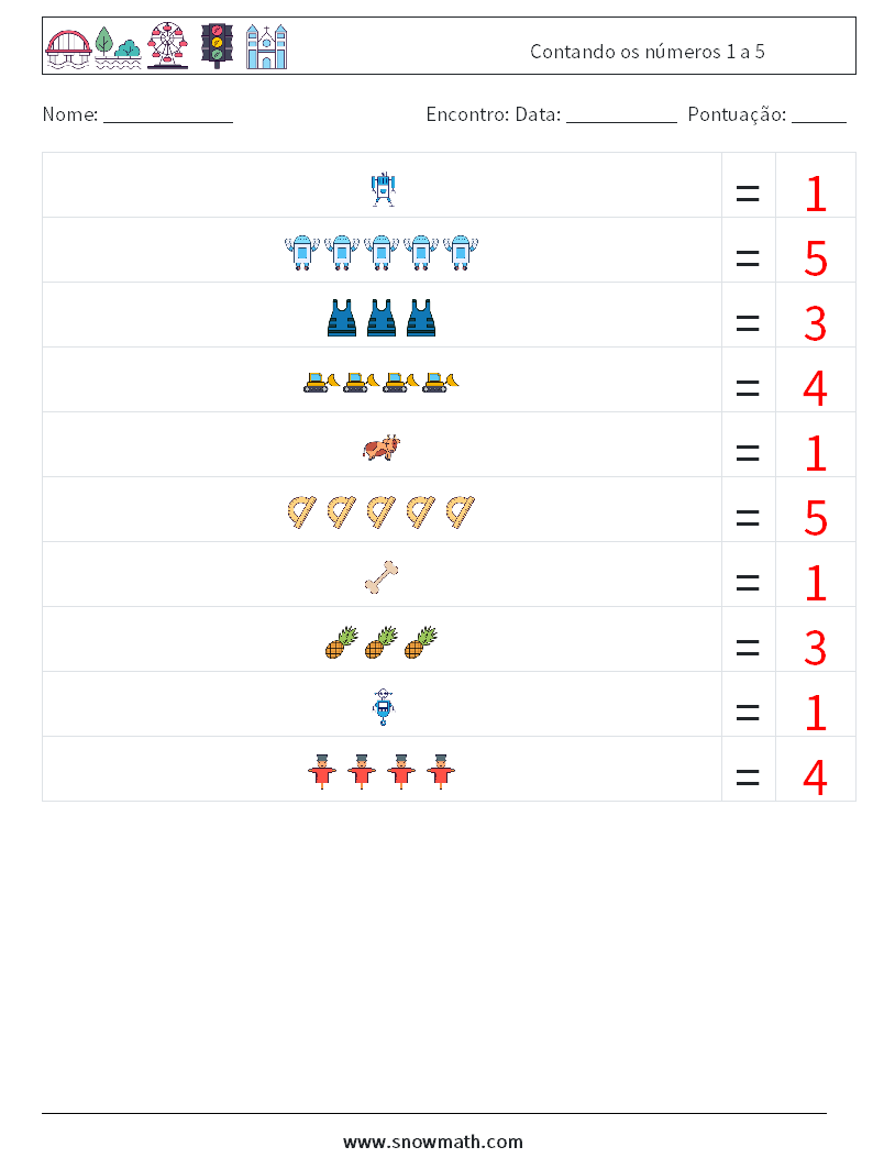 Contando os números 1 a 5 planilhas matemáticas 15 Pergunta, Resposta