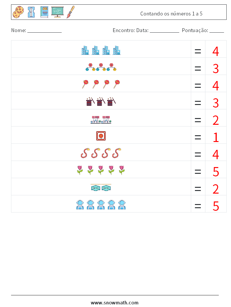 Contando os números 1 a 5 planilhas matemáticas 17 Pergunta, Resposta