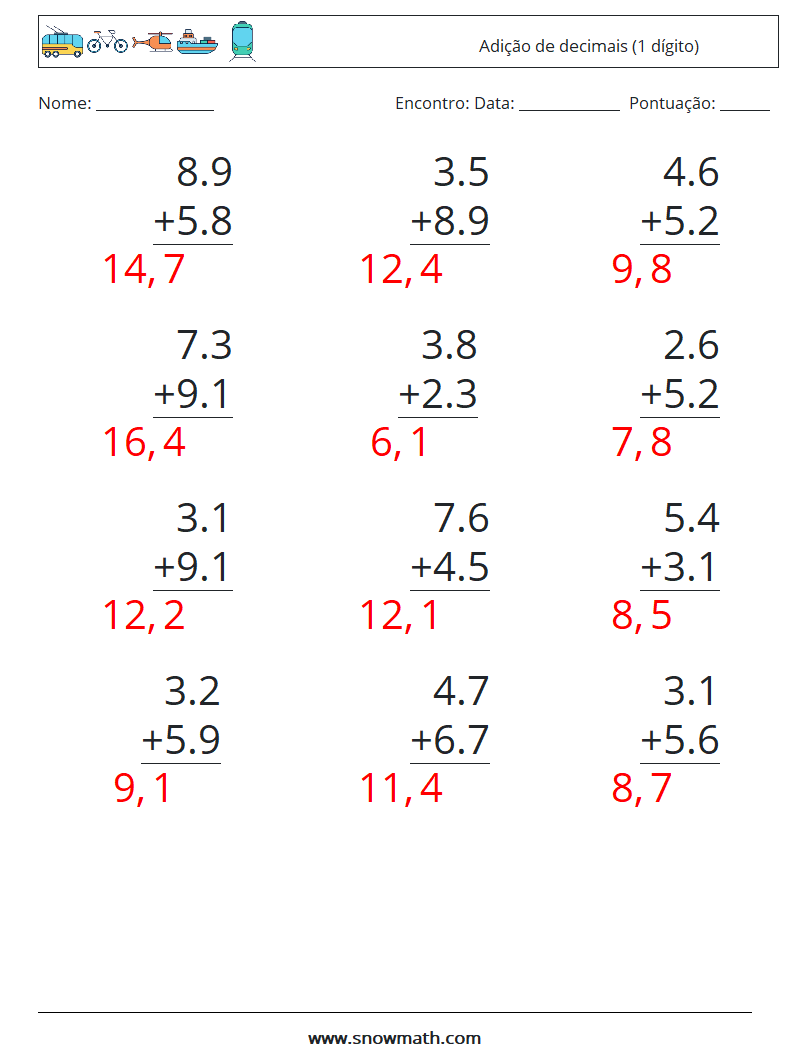 (12) Adição de decimais (1 dígito) planilhas matemáticas 10 Pergunta, Resposta