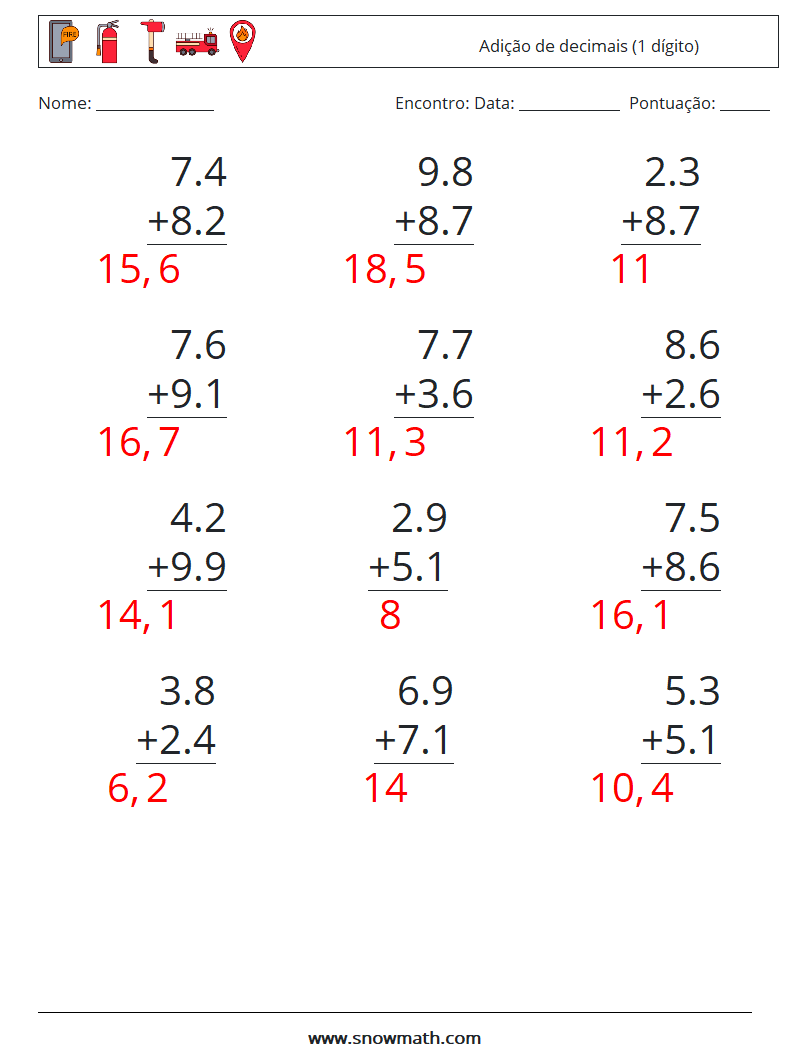 (12) Adição de decimais (1 dígito) planilhas matemáticas 11 Pergunta, Resposta