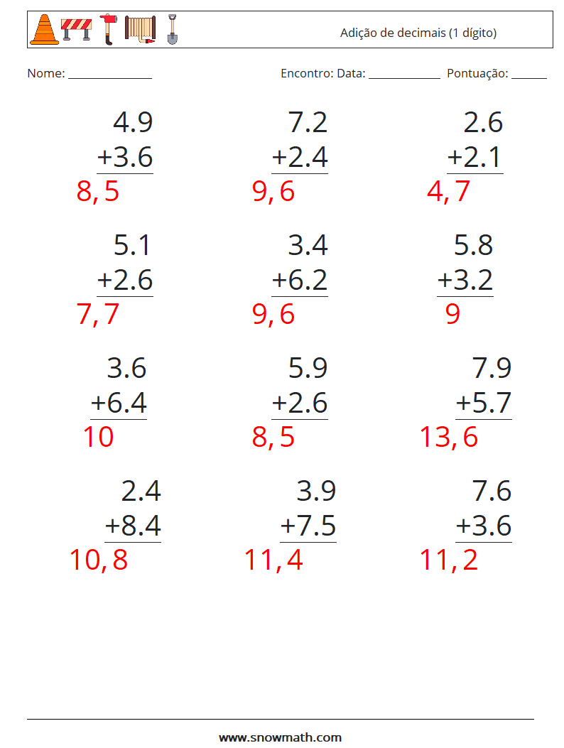 (12) Adição de decimais (1 dígito) planilhas matemáticas 12 Pergunta, Resposta