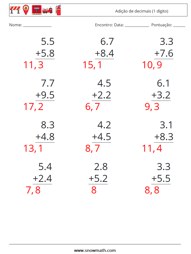 (12) Adição de decimais (1 dígito) planilhas matemáticas 13 Pergunta, Resposta