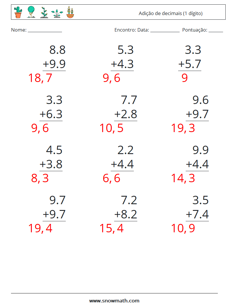 (12) Adição de decimais (1 dígito) planilhas matemáticas 14 Pergunta, Resposta