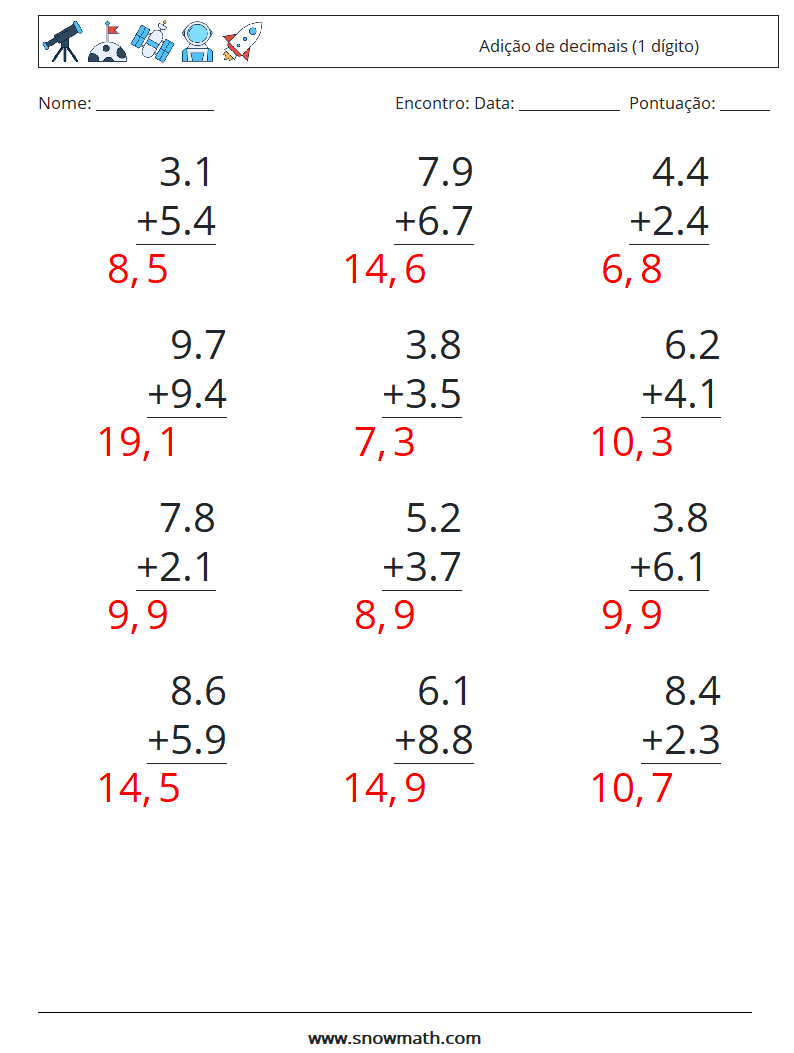 (12) Adição de decimais (1 dígito) planilhas matemáticas 15 Pergunta, Resposta