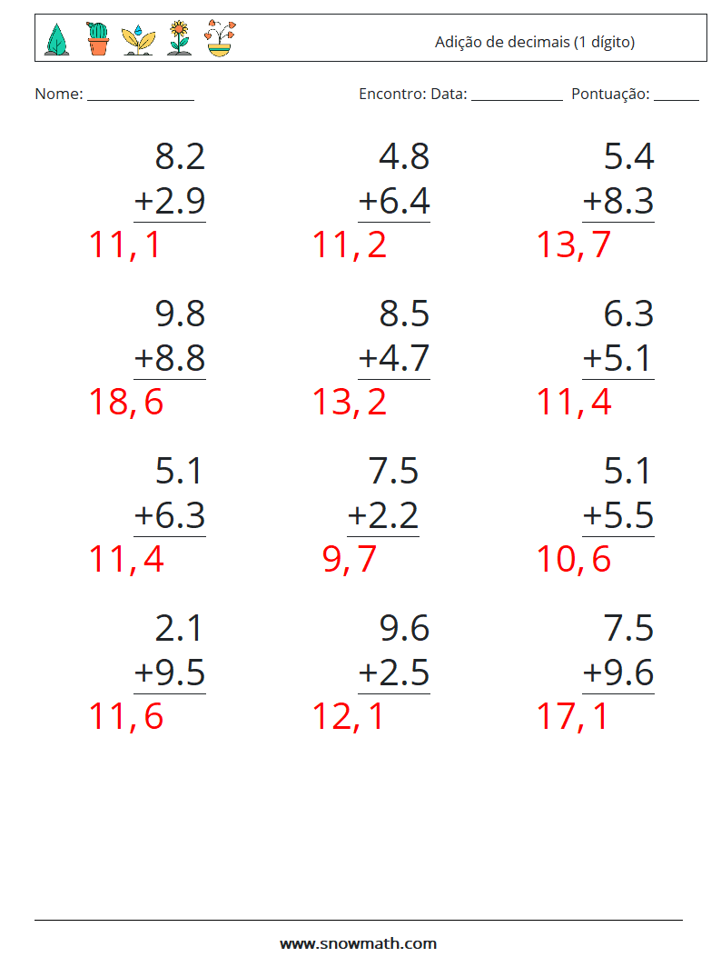 (12) Adição de decimais (1 dígito) planilhas matemáticas 17 Pergunta, Resposta