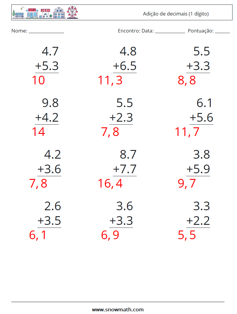 (12) Adição de decimais (1 dígito) planilhas matemáticas 18 Pergunta, Resposta