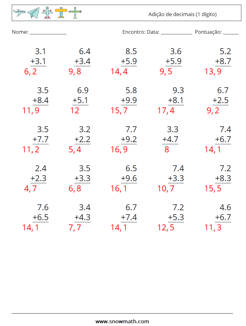 (25) Adição de decimais (1 dígito) planilhas matemáticas 12 Pergunta, Resposta