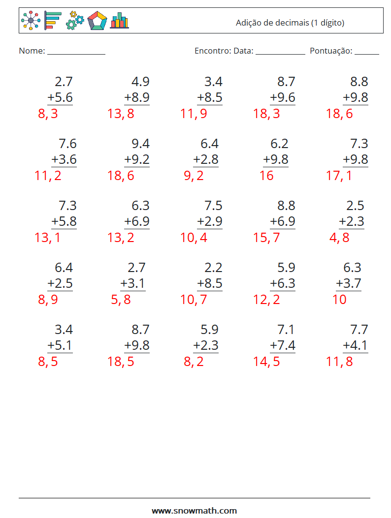 (25) Adição de decimais (1 dígito) planilhas matemáticas 14 Pergunta, Resposta