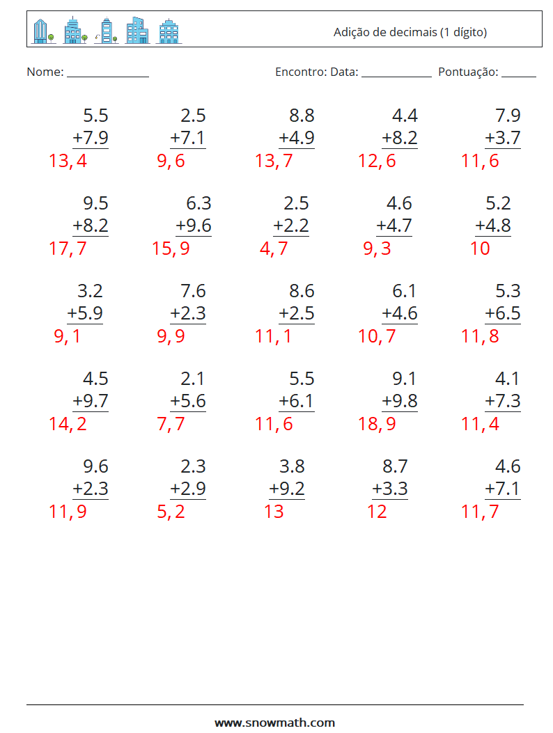 (25) Adição de decimais (1 dígito) planilhas matemáticas 17 Pergunta, Resposta