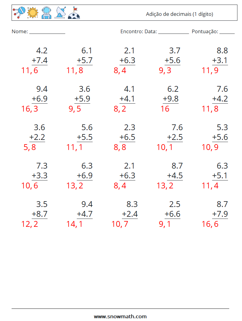 (25) Adição de decimais (1 dígito) planilhas matemáticas 18 Pergunta, Resposta