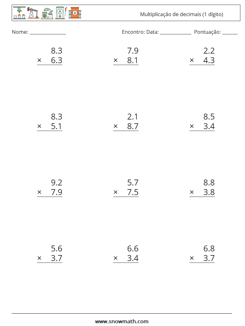(12) Multiplicação de decimais (1 dígito) planilhas matemáticas 10