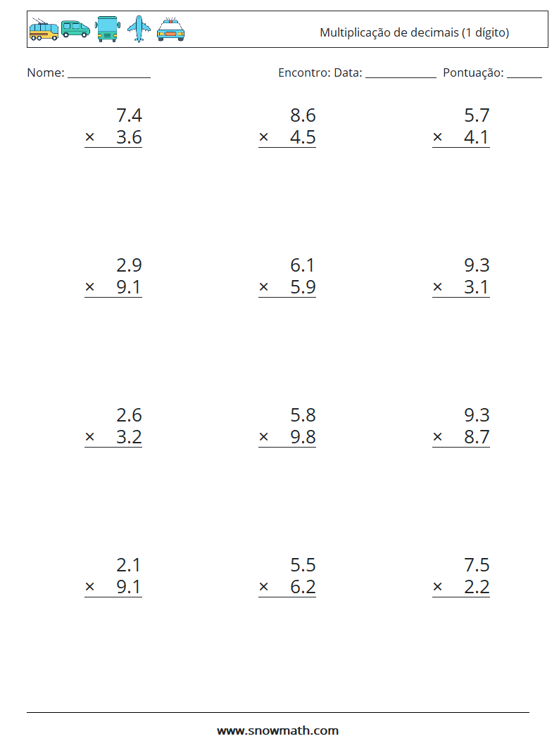 (12) Multiplicação de decimais (1 dígito) planilhas matemáticas 11
