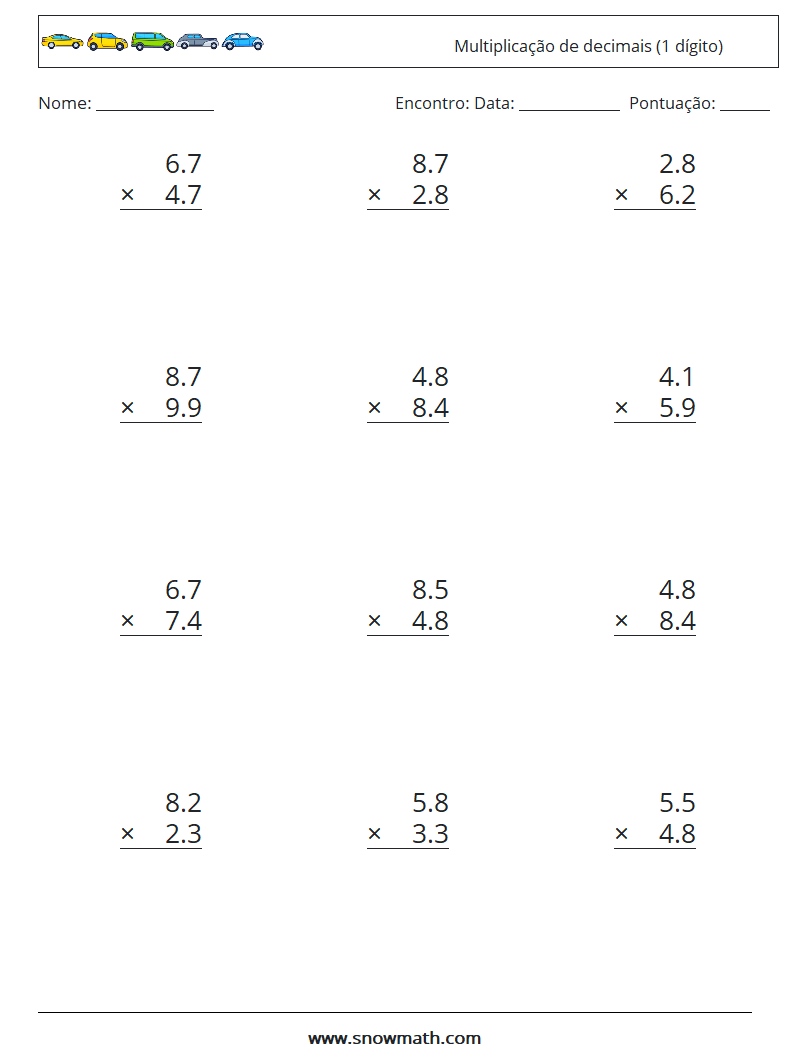 (12) Multiplicação de decimais (1 dígito) planilhas matemáticas 12