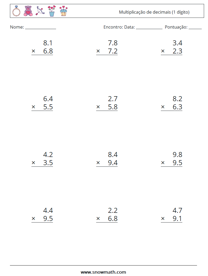 (12) Multiplicação de decimais (1 dígito) planilhas matemáticas 13