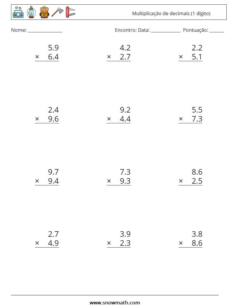 (12) Multiplicação de decimais (1 dígito) planilhas matemáticas 16