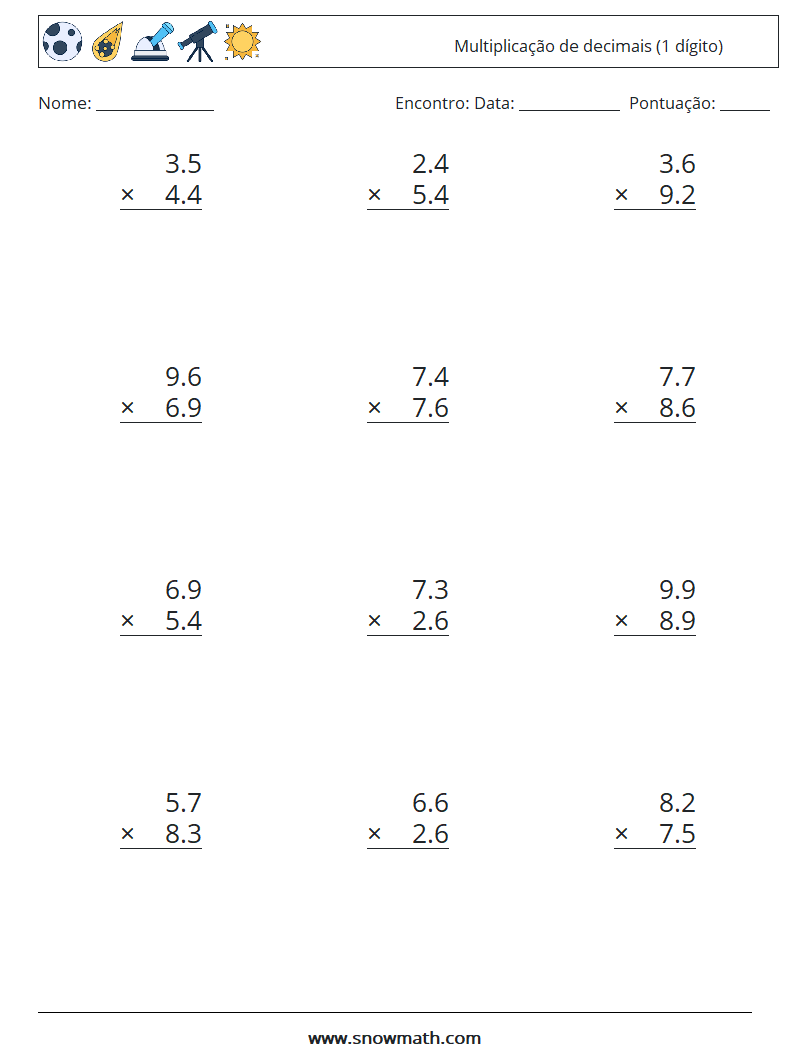 (12) Multiplicação de decimais (1 dígito) planilhas matemáticas 17