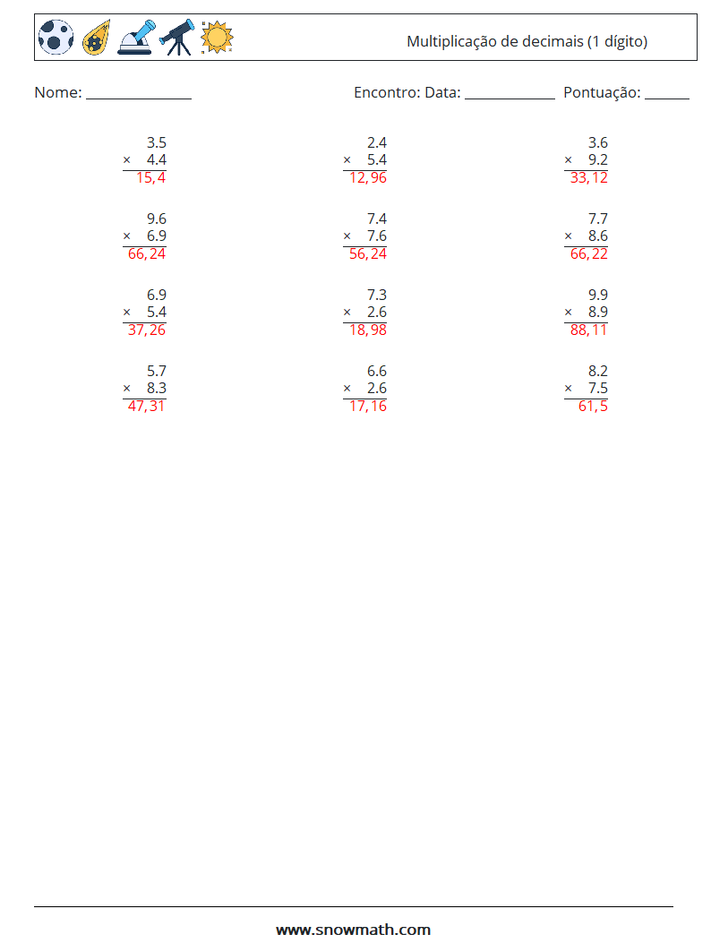 (12) Multiplicação de decimais (1 dígito) planilhas matemáticas 17 Pergunta, Resposta