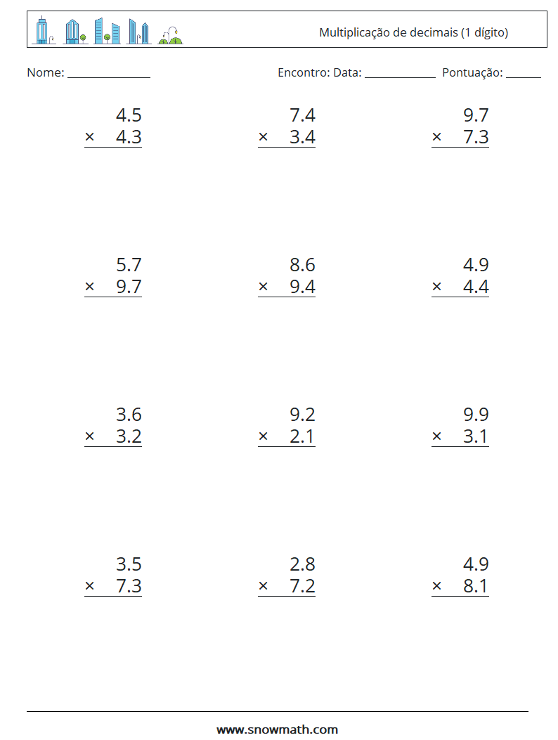 (12) Multiplicação de decimais (1 dígito) planilhas matemáticas 18