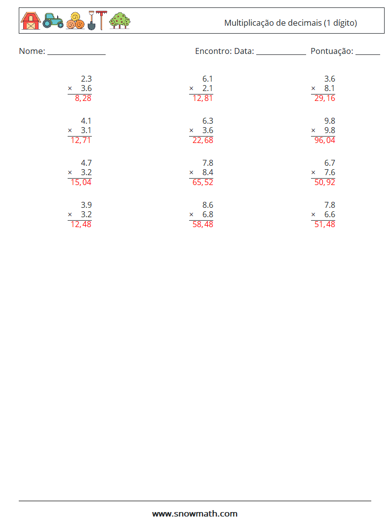 (12) Multiplicação de decimais (1 dígito) planilhas matemáticas 1 Pergunta, Resposta