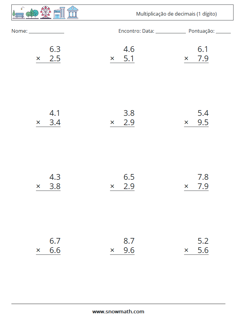 (12) Multiplicação de decimais (1 dígito) planilhas matemáticas 2