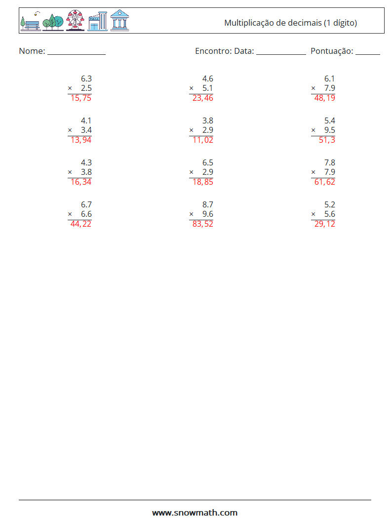 (12) Multiplicação de decimais (1 dígito) planilhas matemáticas 2 Pergunta, Resposta