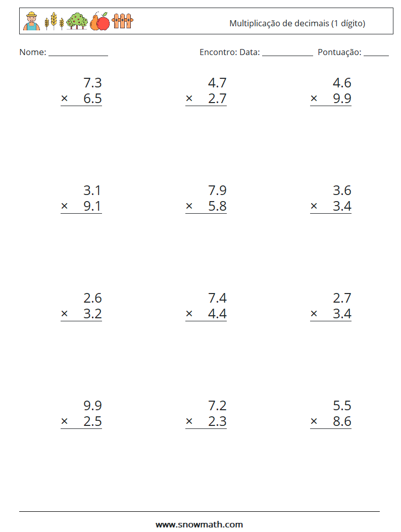 (12) Multiplicação de decimais (1 dígito) planilhas matemáticas 3