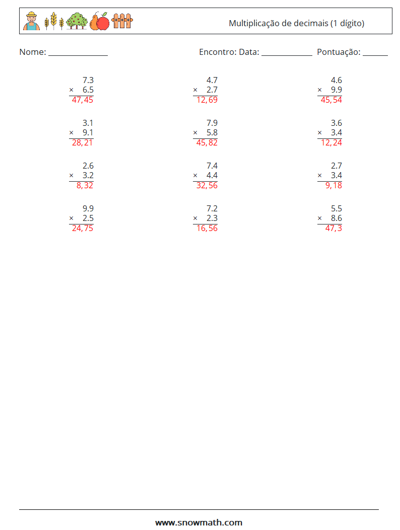 (12) Multiplicação de decimais (1 dígito) planilhas matemáticas 3 Pergunta, Resposta