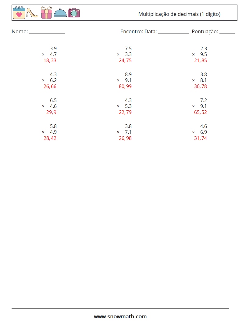 (12) Multiplicação de decimais (1 dígito) planilhas matemáticas 4 Pergunta, Resposta