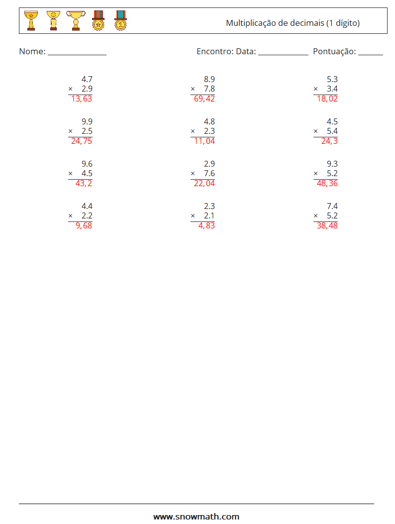 (12) Multiplicação de decimais (1 dígito) planilhas matemáticas 6 Pergunta, Resposta