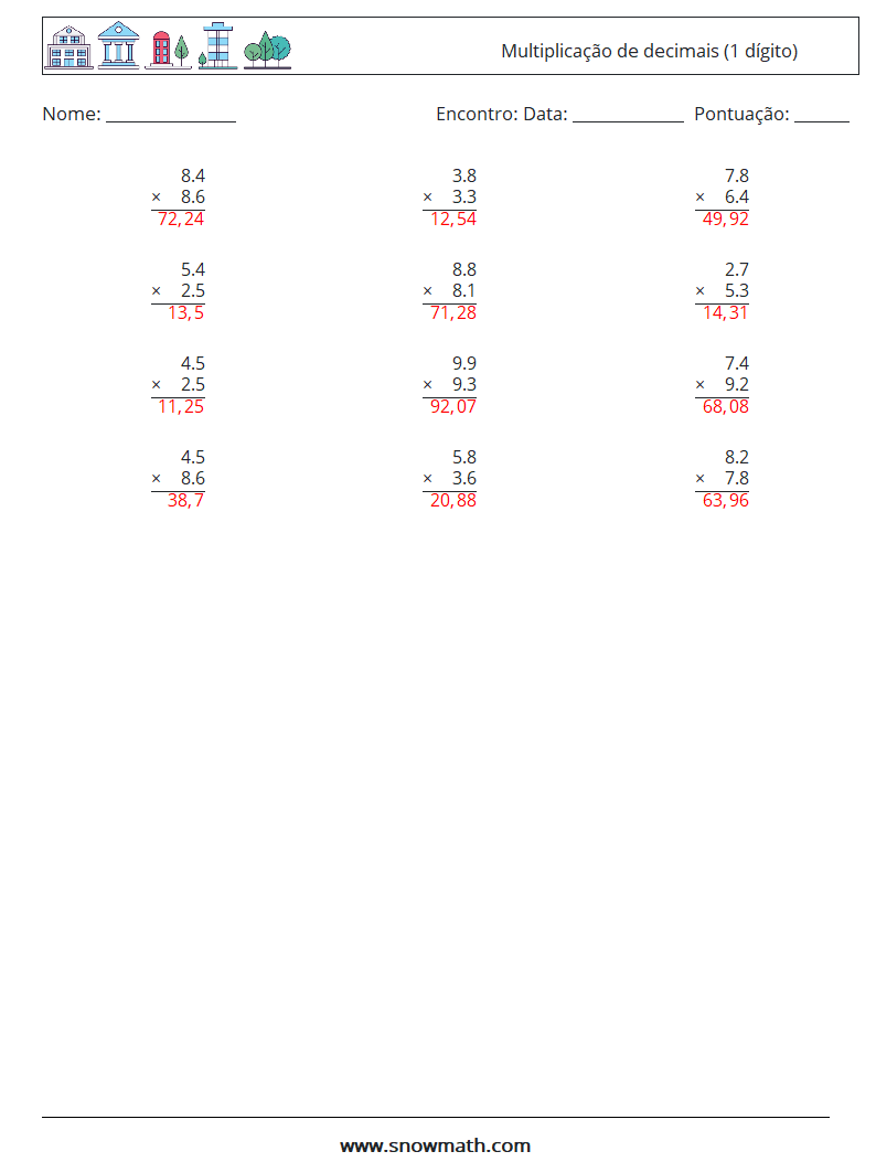 (12) Multiplicação de decimais (1 dígito) planilhas matemáticas 7 Pergunta, Resposta