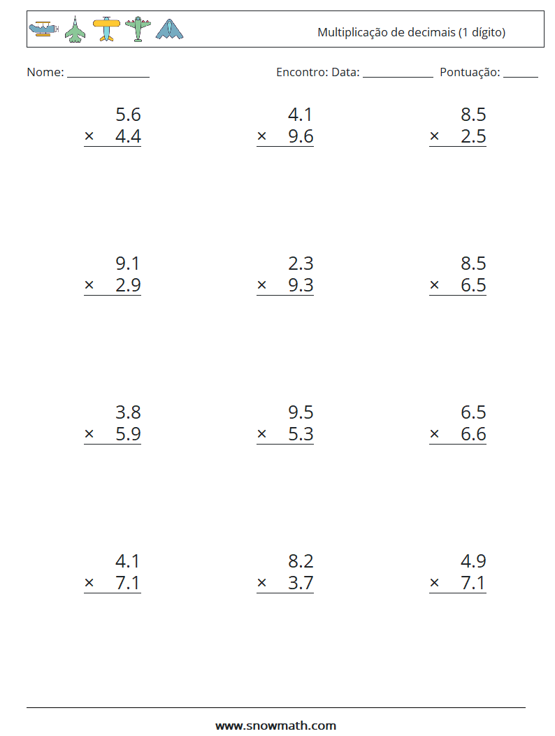 (12) Multiplicação de decimais (1 dígito) planilhas matemáticas 8