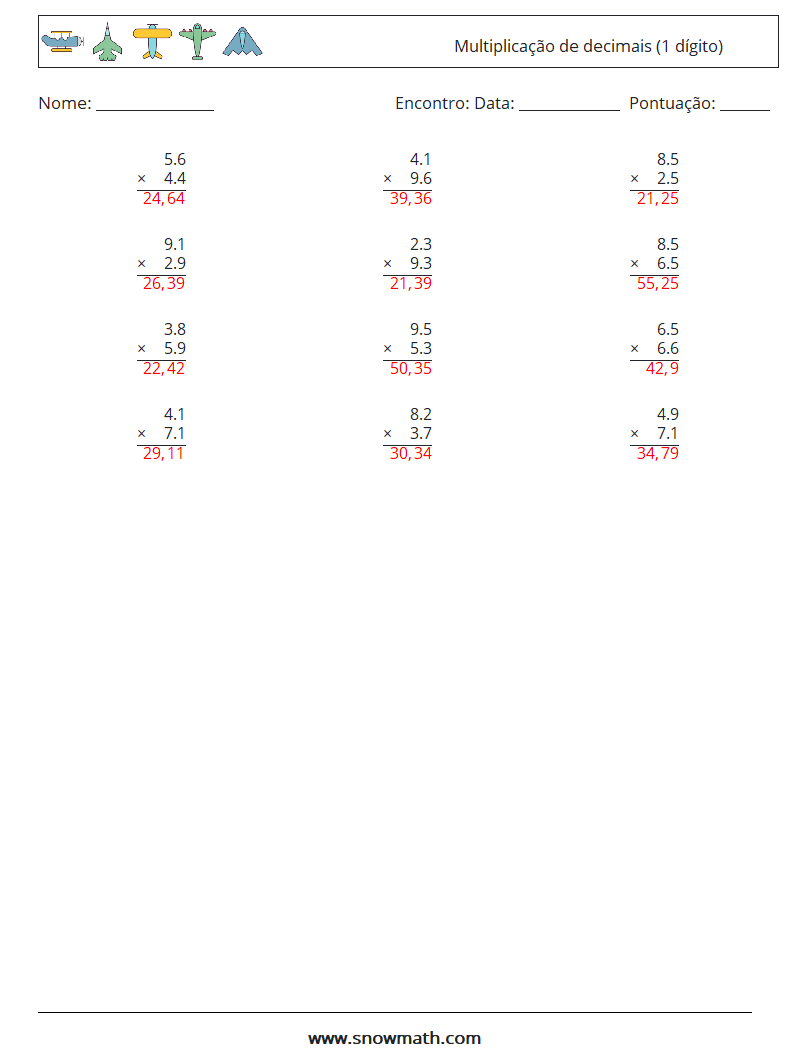 (12) Multiplicação de decimais (1 dígito) planilhas matemáticas 8 Pergunta, Resposta