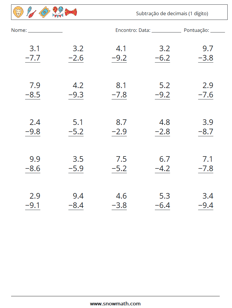 (25) Subtração de decimais (1 dígito) planilhas matemáticas 4