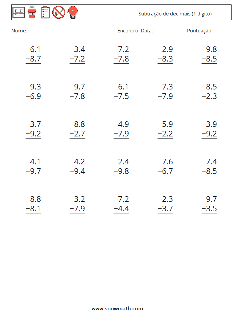 (25) Subtração de decimais (1 dígito) planilhas matemáticas 6
