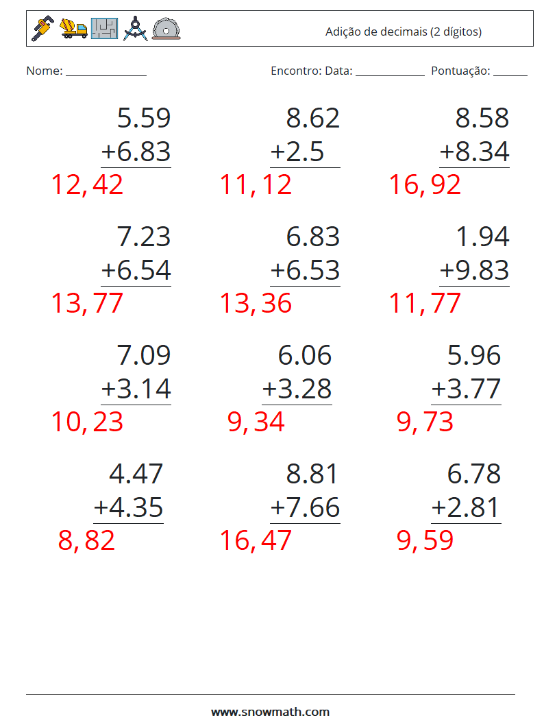 (12) Adição de decimais (2 dígitos) planilhas matemáticas 11 Pergunta, Resposta